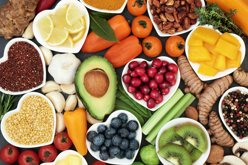 Health food for fitness fresh fruit, vegetables, pulses, herbs, spices, nuts, grains and pulses. High in anthocyanins, antioxidants,smart carbohydrates, omega 3 fatty acids, minerals and vitamins.